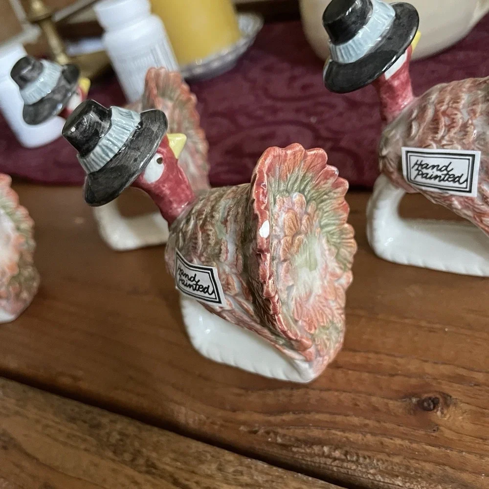 Vintage 1990 Fitz & Floyd Turkey Napkin Ring Holders Pilgrim Progress NOS